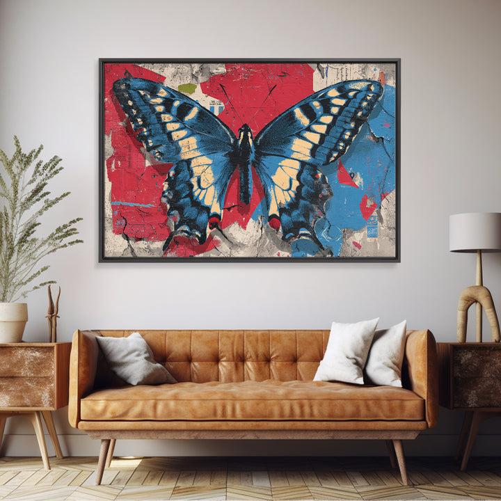 Spray Painted Butterfly on Cracked Concrete Framed Canvas Print, Street Art, Artwork, Living Room Decor, Fine Art, Urban, STR-3x2-99