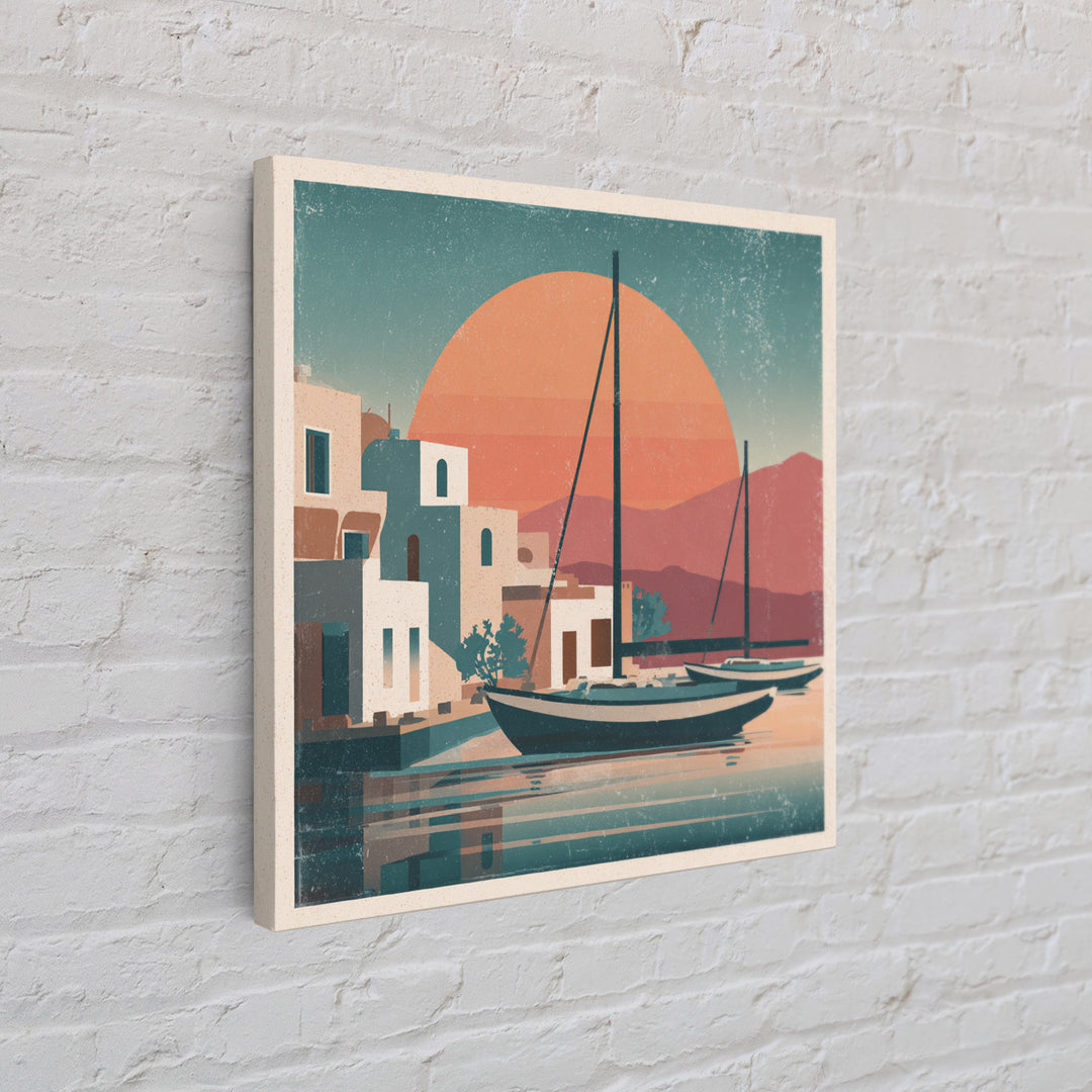 Greek Island Sailboat and Sun Poster Framed Canvas Print, Travel Poster(2), Luxury Decor, Living Room Decor, Fine Art, Voyage, TPO-1x1-40