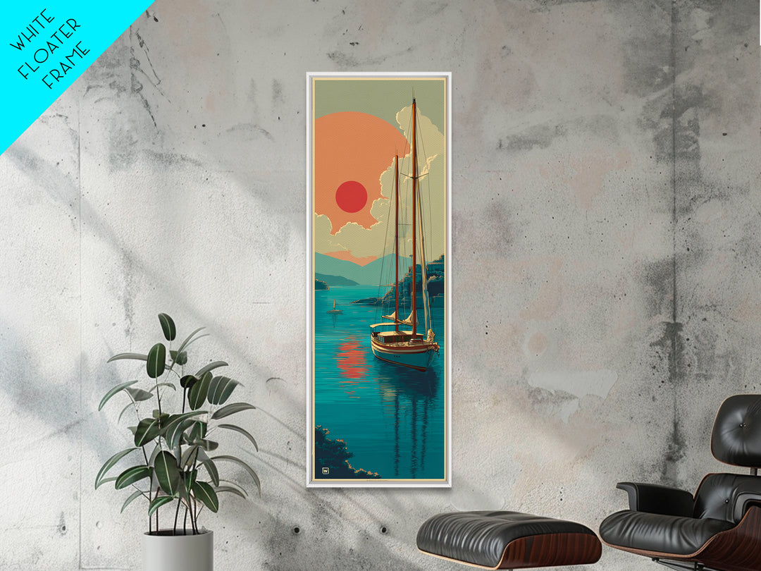 Greek Island Sailboat and Sun Poster Framed Canvas Print, Travel Poster(2), Modern Decor, Living Room Decor, Fine Art, Voyage, TPO-1x3-4