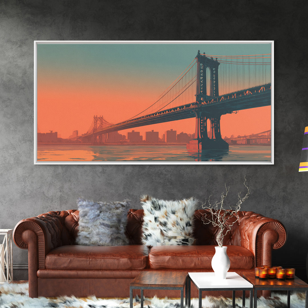 New York Bridge at Sunrise Framed Canvas Print, Travel Poster(2), Minimalist Decor, Living Room Decor, Fine Art, Voyage, TPO-2x1-50