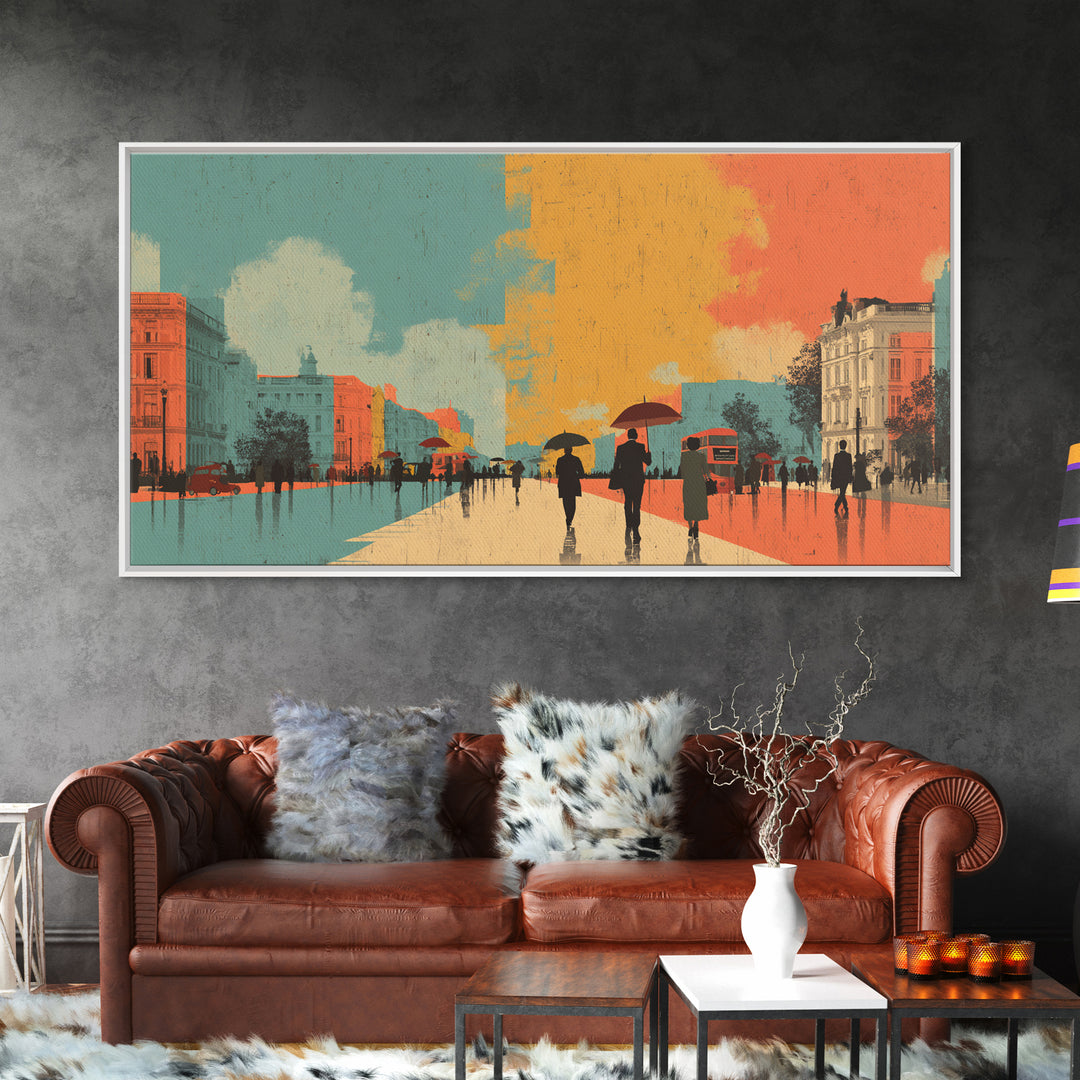 London Rainy Street Umbrella Graphic Canvas Print, Travel Poster(2), Contemporary Art, Living Room Decor, Fine Art, Voyage, TPO-2x1-54