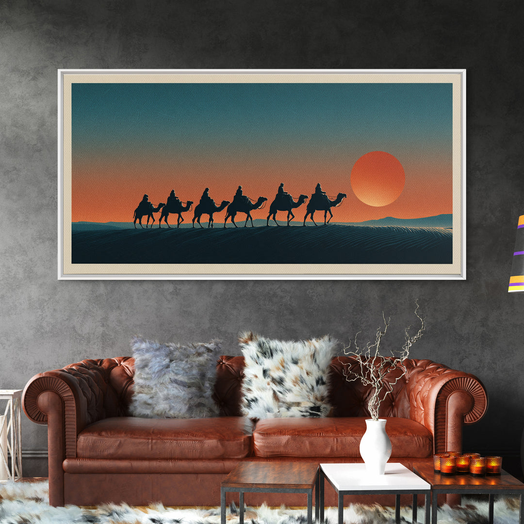 Moroccan Desert Caravan Travel Poster Framed Canvas Print, Travel Poster(2), Statement Artwork, Living Room Decor, Voyage, TPO-2x1-75