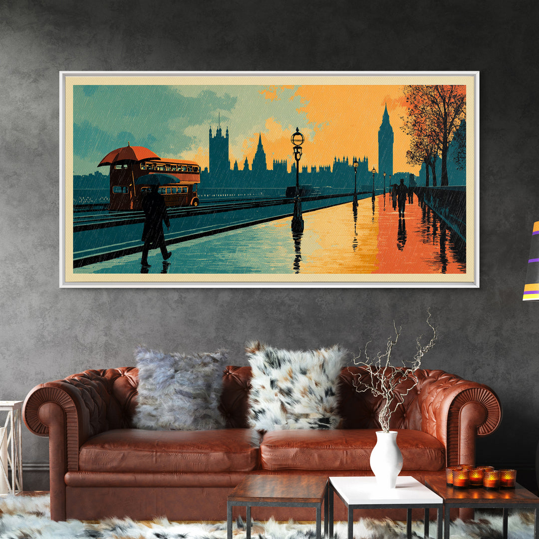 London Rainy Street Umbrella Graphic Canvas Print, Travel Poster(2), Contemporary Art, Living Room Decor, Fine Art, Voyage, TPO-2x1-78