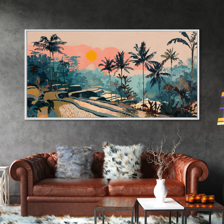 Bali Rice Terraces and Jungle Palms Framed Canvas Print, Travel Poster(2), Wall Hanging, Living Room Decor, Fine Art, Voyage, TPO-2x1-81