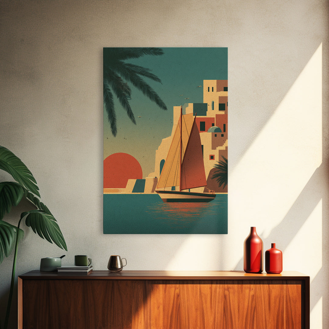 Greek Island Sailboat and Sun Poster Framed Canvas Print, Travel Poster(2), Map Print, Living Room Decor, Fine Art, Voyage, TPO-2x3-24