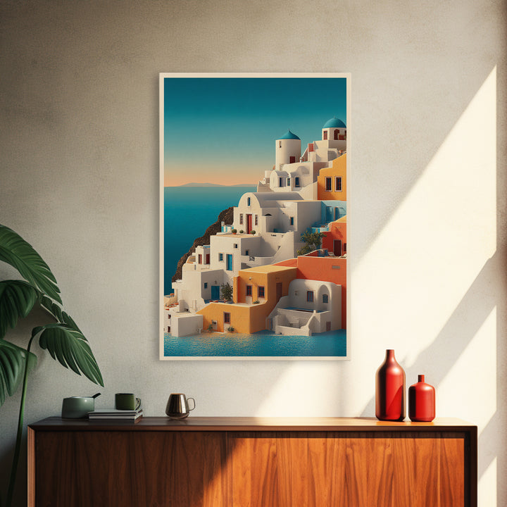 Santorini White Buildings and Cobalt Water Framed Canvas Print, Travel Poster(2), Landscape Art, Living Room Decor, Voyage, TPO-2x3-36
