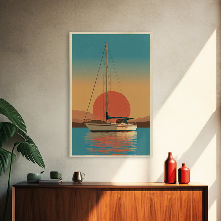 Greek Island Sailboat and Sun Poster Framed Canvas Print, Travel Poster(2), Statement Artwork, Living Room Decor, Voyage, TPO-2x3-48