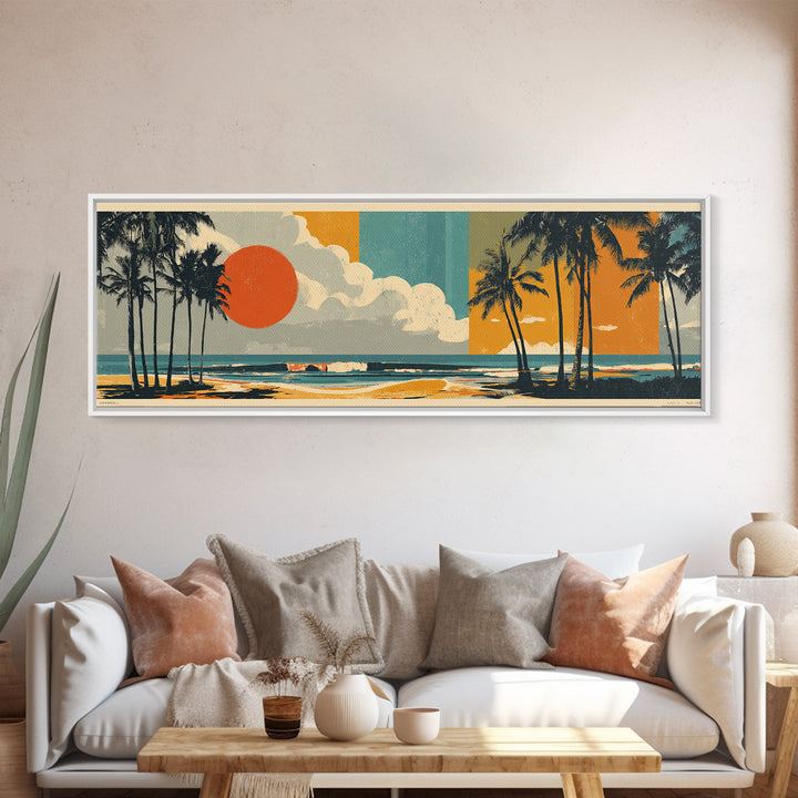 Hawaii Surf and Palm Tree Poster Framed Canvas Print, Travel Poster(2), Living Room Wall Art, Living Room Decor, Voyage, TPO-3x1-1