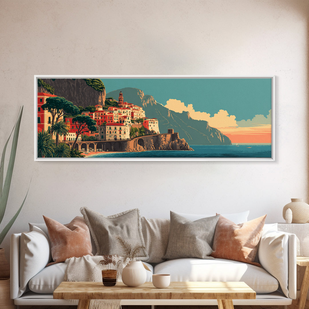 Retro Amalfi Coast Cliffs Framed Canvas Print, Travel Poster(2), Wall Hanging, Living Room Decor, Voyage, Landscape Art, TPO-3x1-18