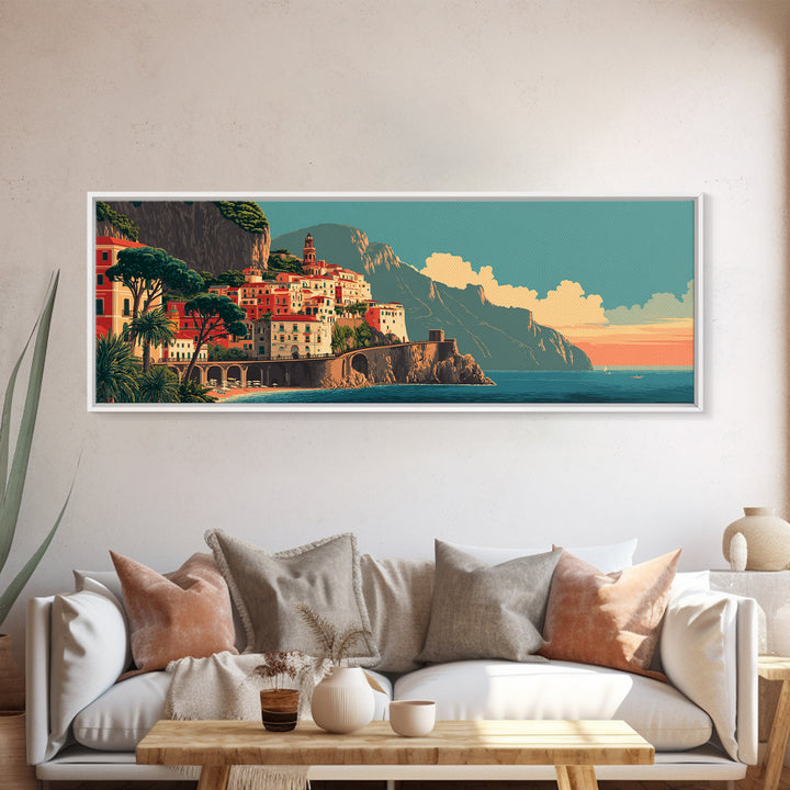 Retro Amalfi Coast Cliffs Framed Canvas Print, Travel Poster(2), Wall Hanging, Living Room Decor, Voyage, Landscape Art, TPO-3x1-18