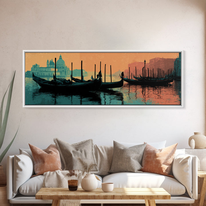 Venice Gondola Silhouette Framed Canvas Print, Travel Poster(2), Landscape Prints, Living Room Decor, Fine Art, Voyage, TPO-3x1-28