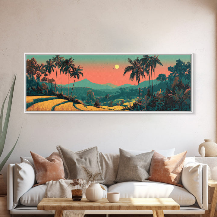Bali Rice Terraces and Jungle Palms Framed Canvas Print, Travel Poster(2), Colorful Wall Art, Living Room Decor, Voyage, TPO-3x1-53