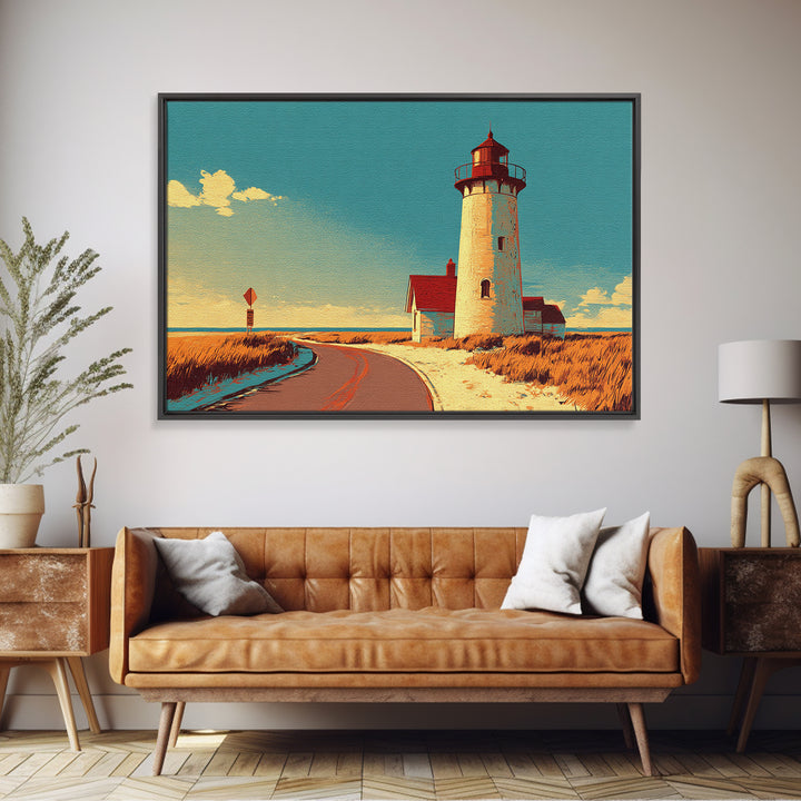 Cape Cod Lighthouse Summer Poster Framed Canvas Print, Travel Poster(2), Coastal Wall Art, Living Room Decor, Fine Art, Voyage, TPO-3x2-46