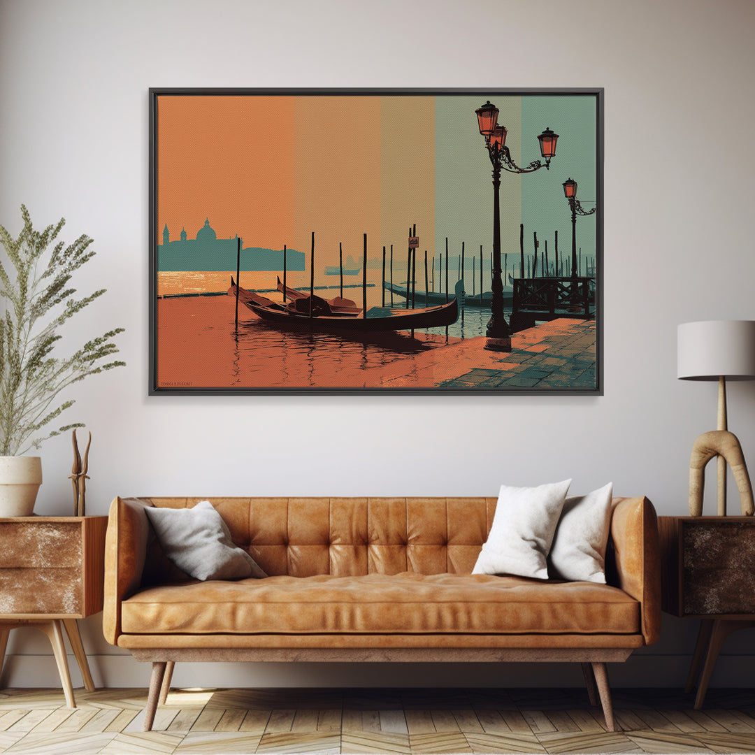 Venice Gondola Silhouette Framed Canvas Print, Travel Poster(2), Gallery Decor, Living Room Decor, Fine Art, Voyage, TPO-3x2-64
