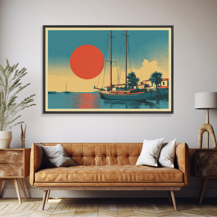 Greek Island Sailboat and Sun Poster Canvas Print, Travel Poster(2), Wall Decor, Living Room Decor, Fine Art, Voyage, TPO-3x2-68