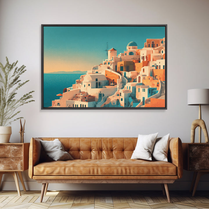 Santorini White Buildings and Cobalt Water Framed Canvas Print, Travel Poster(2), Retro Wall Art, Living Room Decor, Voyage, TPO-3x2-8