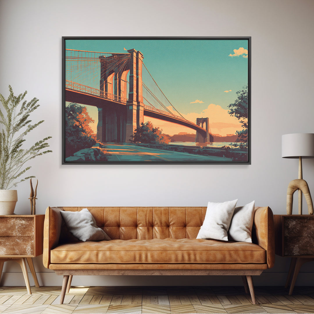 New York Bridge at Sunrise Framed Canvas Print, Travel Poster(2), Digital Download Art, Living Room Decor, Fine Art, Voyage, TPO-3x2-82
