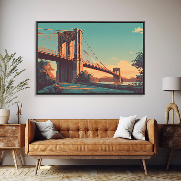 New York Bridge at Sunrise Framed Canvas Print, Travel Poster(2), Digital Download Art, Living Room Decor, Fine Art, Voyage, TPO-3x2-82