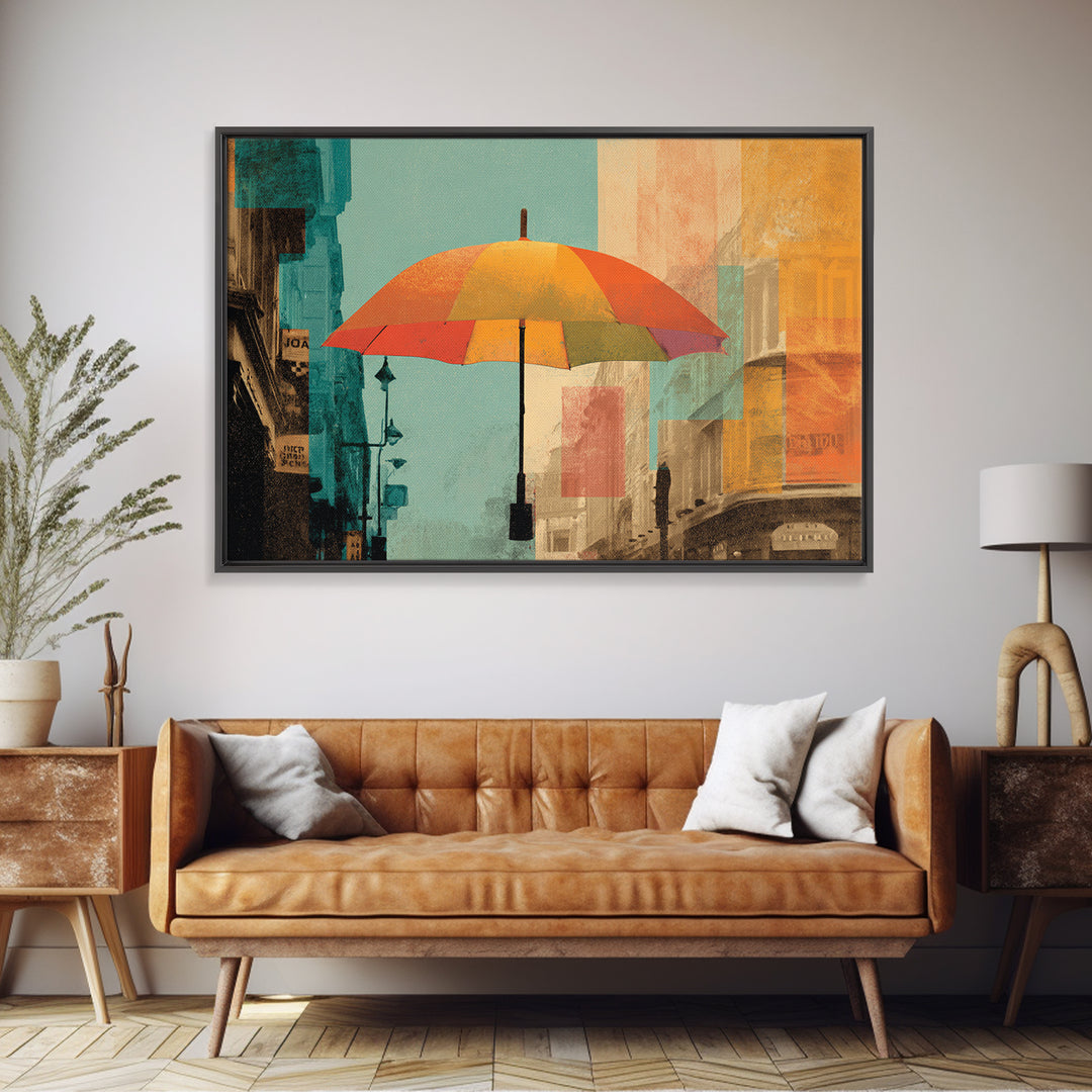 London Rainy Street Umbrella Graphic Framed Canvas Print, Travel Poster(2), Downloadable Prints, Living Room Decor, Voyage, TPO-3x2-86