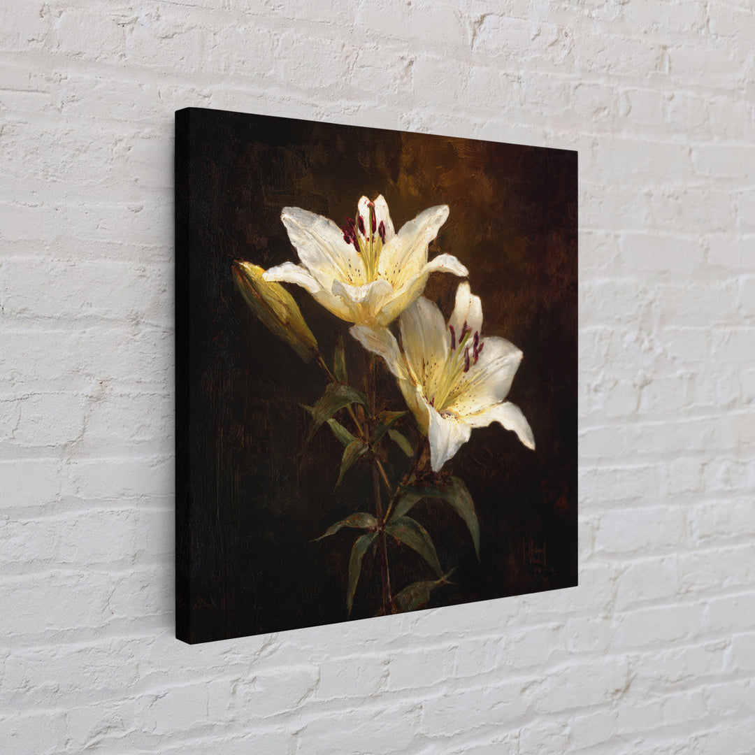 White Lilies on Dark Background Canvas Print, Traditional Art, Digital Print, Living Room Decor, Oil Painting, Classic, TRA-1x1-15
