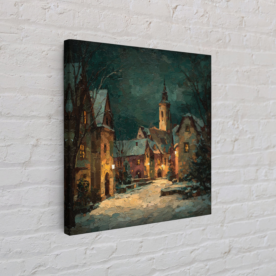 Snowy Village Landscape at Twilight Canvas Print, Traditional Art, Printable Art, Living Room Decor, Watercolor Art, Classic, TRA-1x1-19