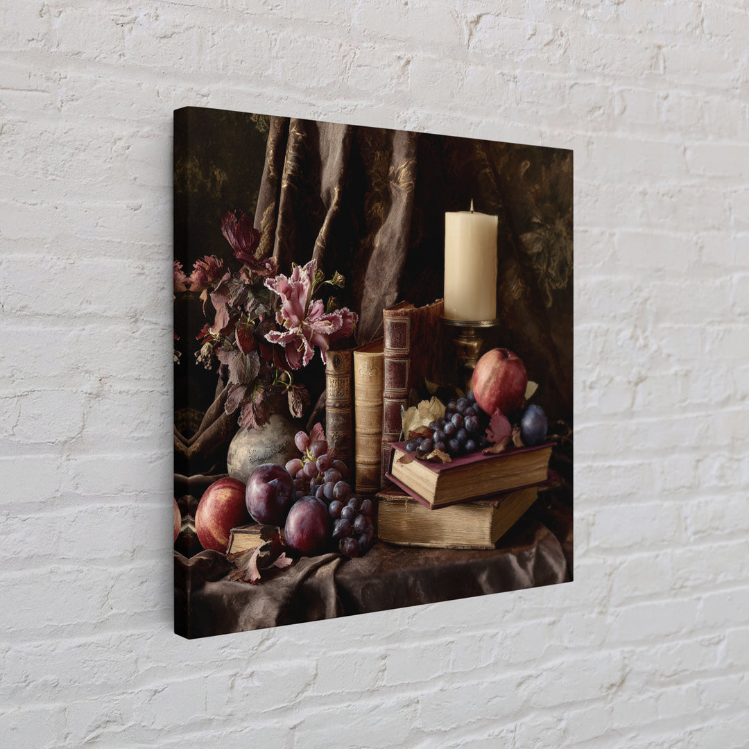 Still Life of Books Candle and Fruit Canvas Print, Traditional Art, Painting, Living Room Decor, Classic, Art Commissions, TRA-1x1-20