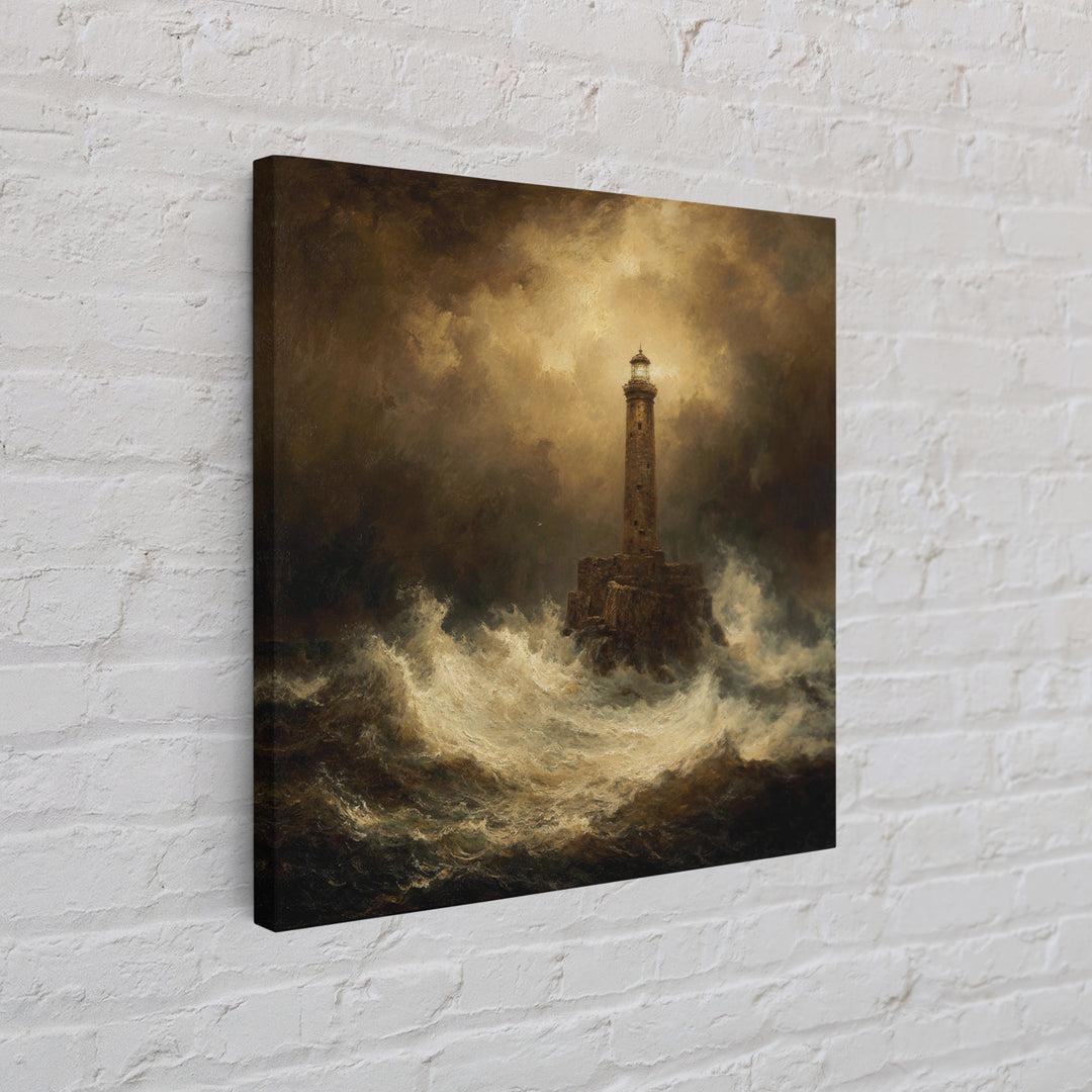 Lighthouse with Crashing Waves Framed Canvas Print, Traditional Art, Neutral Decor, Living Room Decor, Fine Art, Classic, TRA-1x1-21