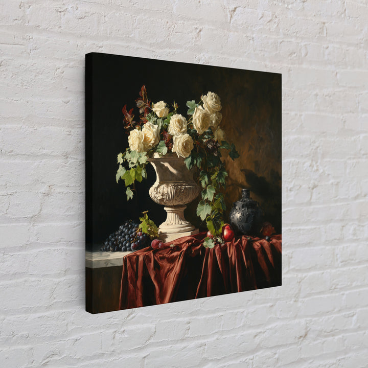 Garden Urn with Roses and Ivy Framed Canvas Print, Traditional Art, Indian Wall Art, Living Room Decor, Watercolor Art, Classic, TRA-1x1-24