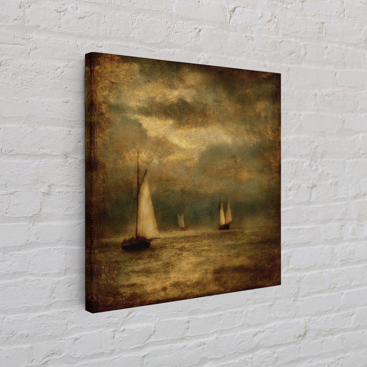 Seascape with Sailboats and Cloudy Sky Framed Canvas Print, Traditional Art, Textured Painting, Living Room Decor, Classic, TRA-1x1-29