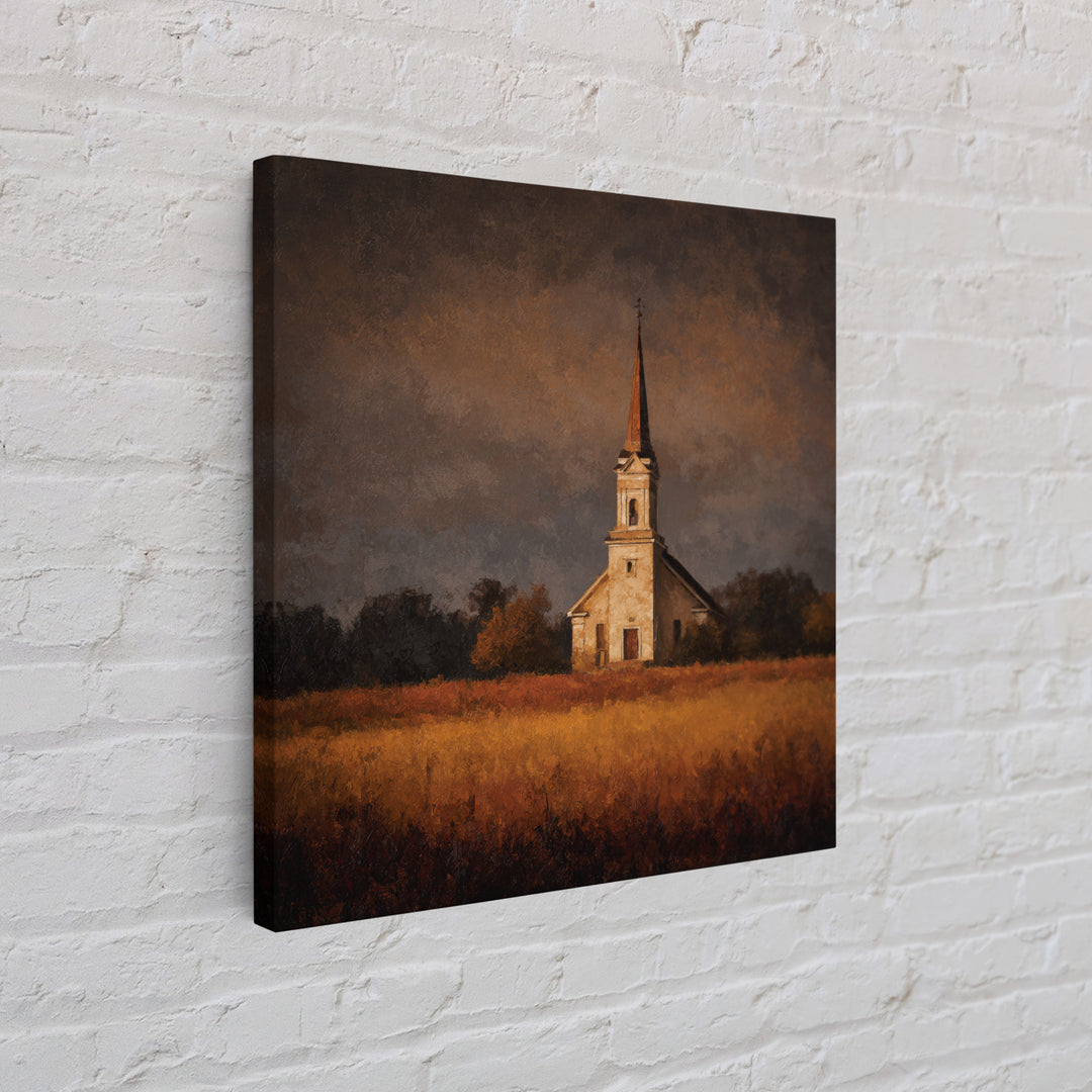 Church Steeple Across Rural Meadow Framed Canvas Print, Traditional Art, Boho Decor, Living Room Decor, Fine Art, Classic, TRA-1x1-37