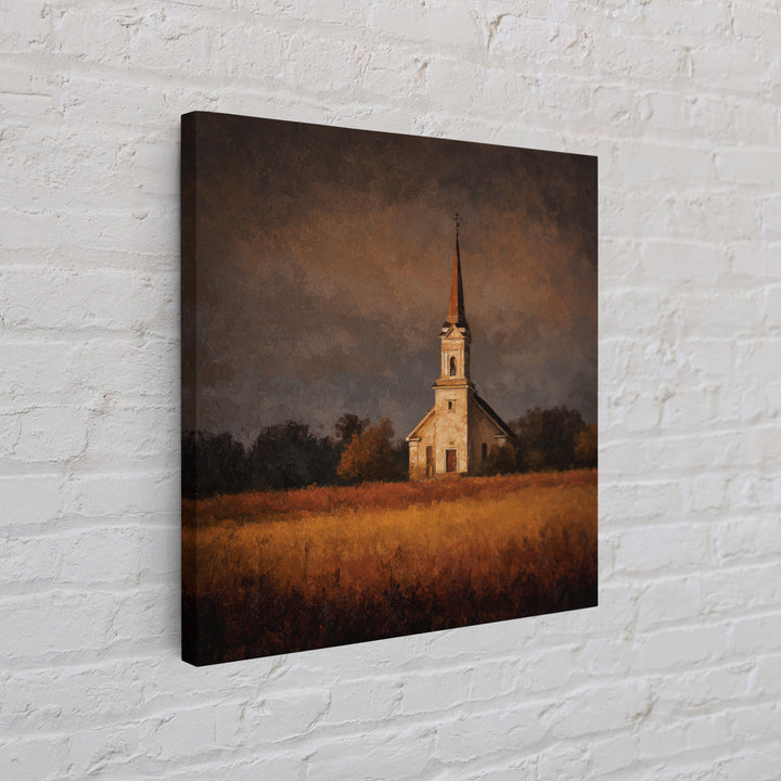 Church Steeple Across Rural Meadow Framed Canvas Print, Traditional Art, Boho Decor, Living Room Decor, Fine Art, Classic, TRA-1x1-37