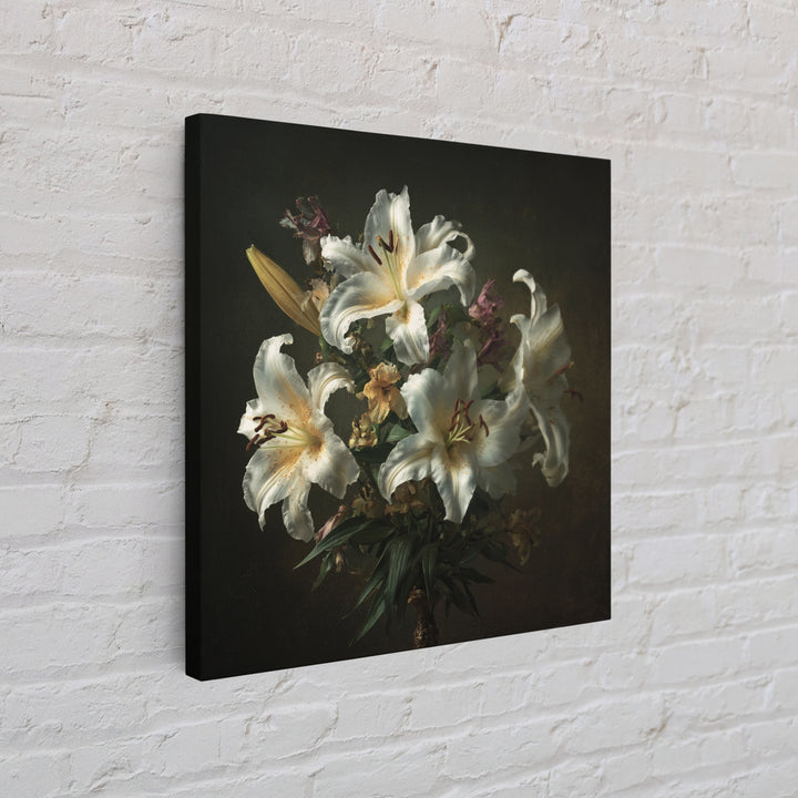 White Lilies on Dark Background Framed Canvas Print, Traditional Art, Custom Art, Living Room Decor, Fine Art, Classic, TRA-1x1-39