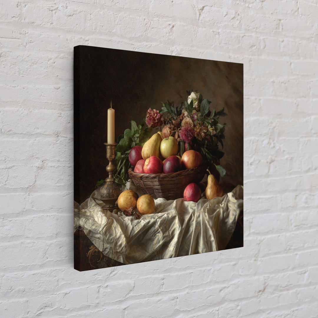 Basket of Apples and Pears on Linen Framed Canvas Print, Traditional Art, Landscape, Living Room Decor, Fine Art, Classic, TRA-1x1-42