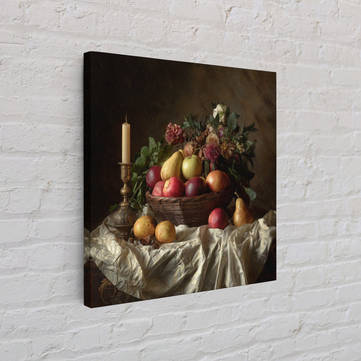 Basket of Apples and Pears on Linen Framed Canvas Print, Traditional Art, Landscape, Living Room Decor, Fine Art, Classic, TRA-1x1-42