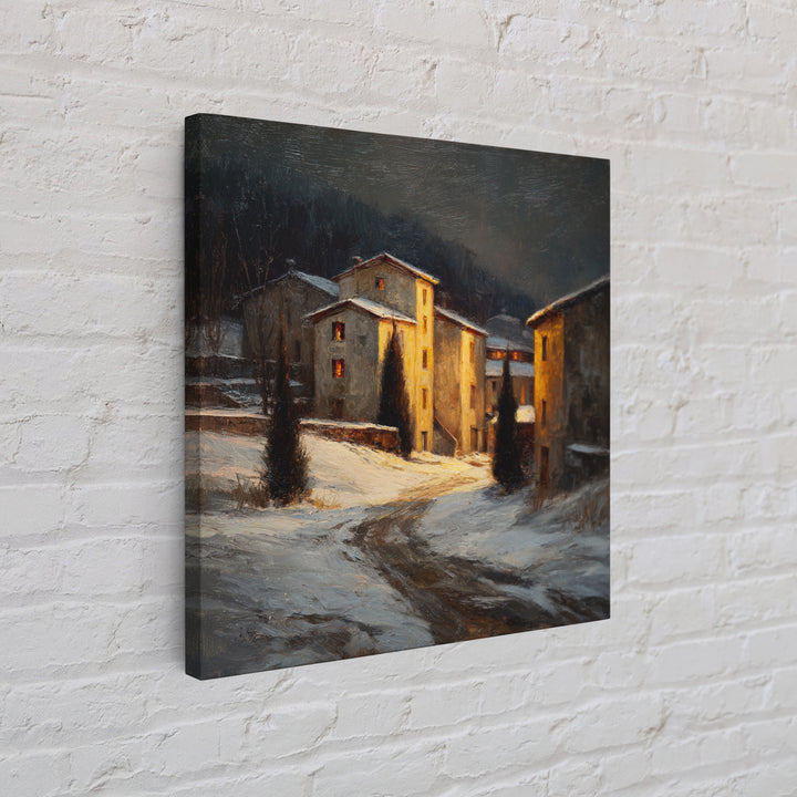 Snowy Village Landscape at Twilight Framed Canvas Print, Traditional Art, Furry Art, Living Room Decor, Fine Art, Classic, TRA-1x1-43