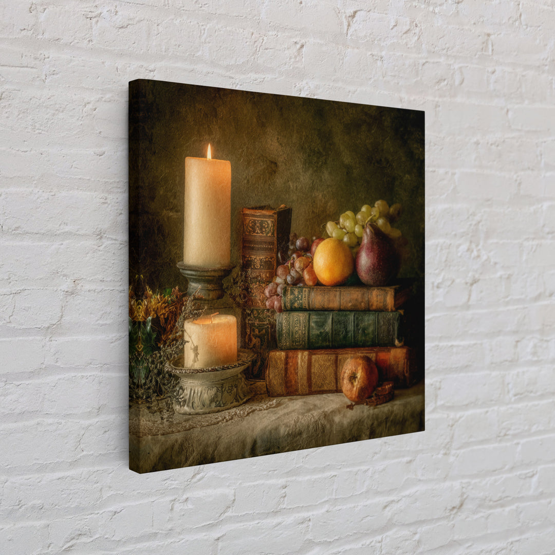 Still Life of Books Candle and Fruit Framed Canvas Print, Traditional Art, Boho, Living Room Decor, Fine Art, Classic, TRA-1x1-44