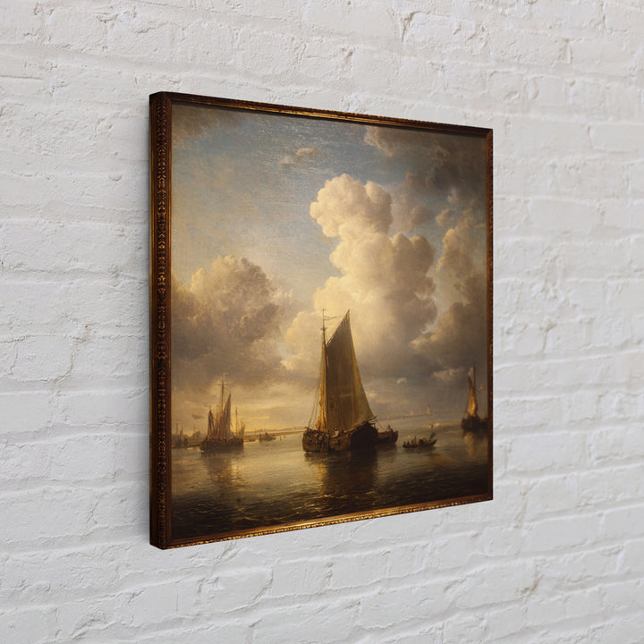Seascape with Sailboats and Cloudy Sky Framed Canvas Print, Traditional Art, Textured Painting, Living Room Decor, Classic, TRA-1x1-53