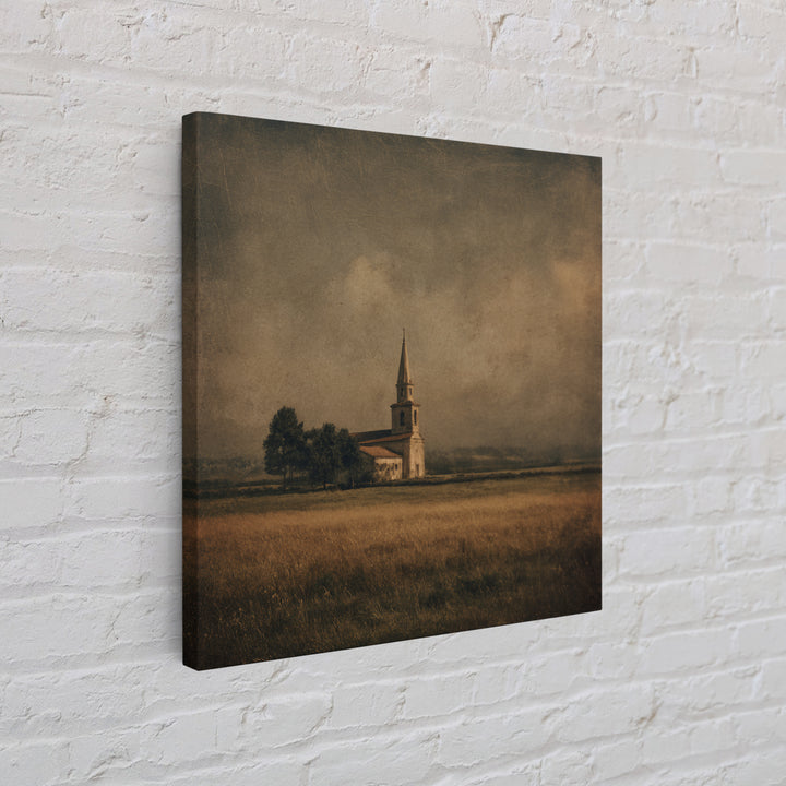 Church Steeple Across Rural Meadow Framed Canvas Print, Traditional Art, Boho Decor, Living Room Decor, Fine Art, Classic, TRA-1x1-61