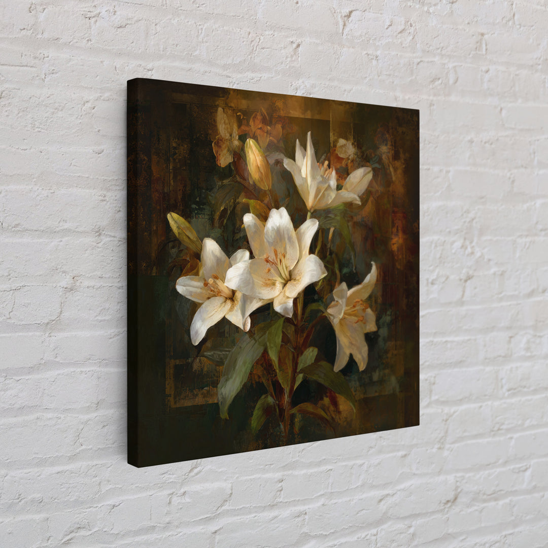 White Lilies on Dark Background Framed Canvas Print, Traditional Art, Neutral Decor, Living Room Decor, Fine Art, Classic, TRA-1x1-63