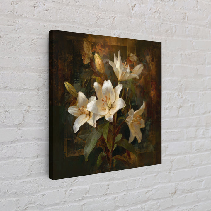 White Lilies on Dark Background Framed Canvas Print, Traditional Art, Neutral Decor, Living Room Decor, Fine Art, Classic, TRA-1x1-63