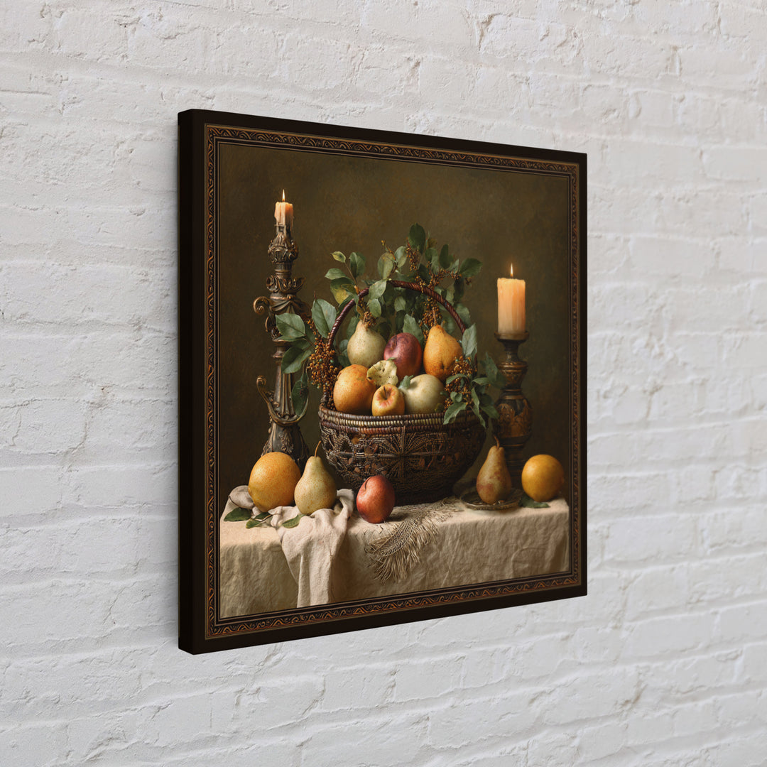 Basket of Apples and Pears on Linen Framed Canvas Print, Traditional Art, Landscape, Living Room Decor, Fine Art, Classic, TRA-1x1-66