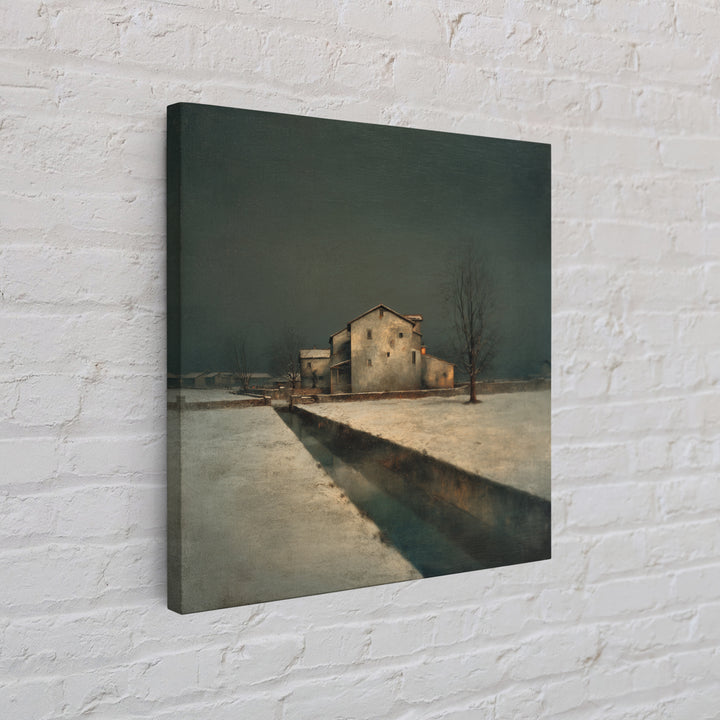Snowy Village Landscape at Twilight Framed Canvas Print, Traditional Art, Modern Decor, Living Room Decor, Fine Art, Classic, TRA-1x1-67