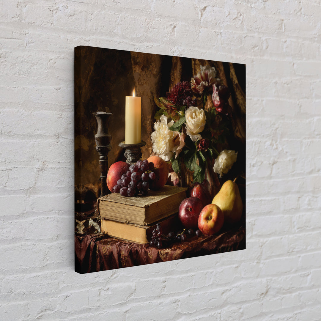 Still Life of Books Candle and Fruit Framed Canvas Print, Traditional Art, Watercolor Art, Living Room Decor, Fine Art, Classic, TRA-1x1-68