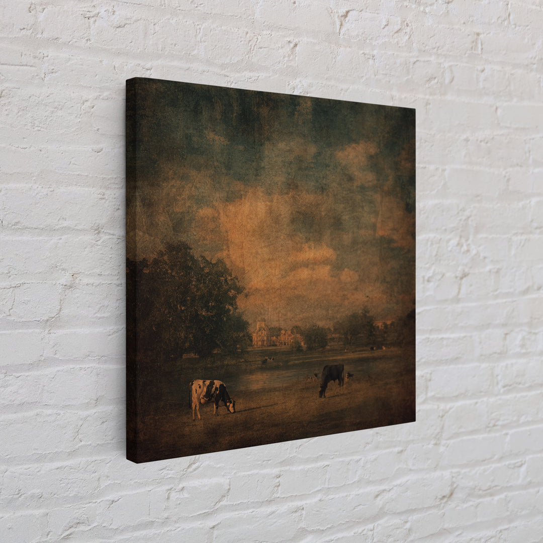 Pastoral Countryside with Cows in Field Framed Canvas Print, Traditional Art, Artwork, Living Room Decor, Fine Art, Classic, TRA-1x1-7