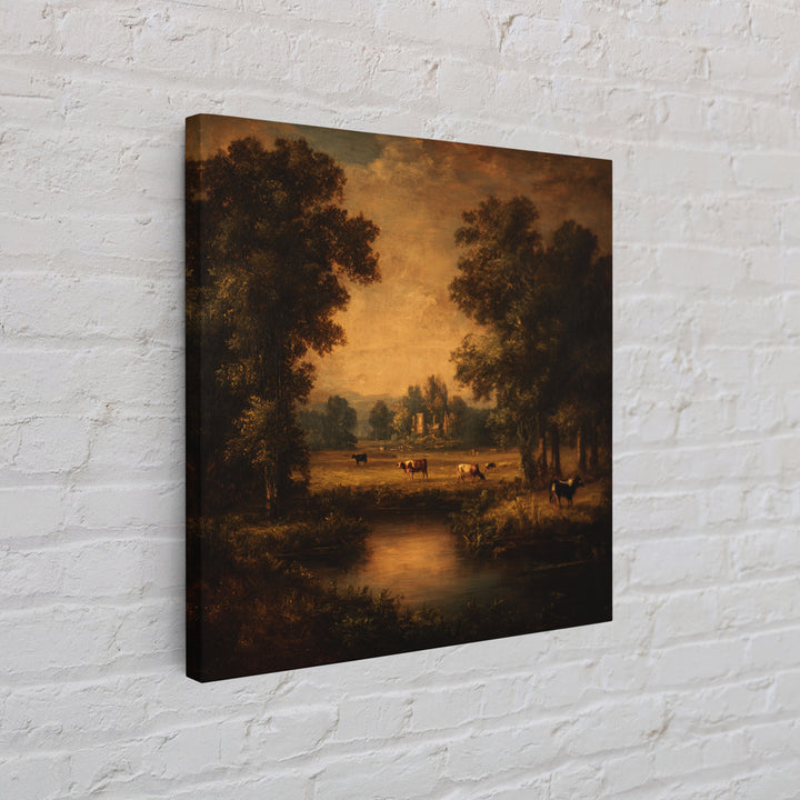 Pastoral Countryside with Cows in Field Framed Canvas Print, Traditional Art, Boho Decor, Living Room Decor, Oil Painting, TRA-1x1-79