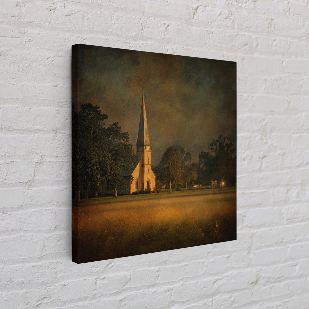Church Steeple Across Rural Meadow Canvas Print, Traditional Art, Minimalist Decor, Living Room Decor, Oil Painting, Classic, TRA-1x1-85