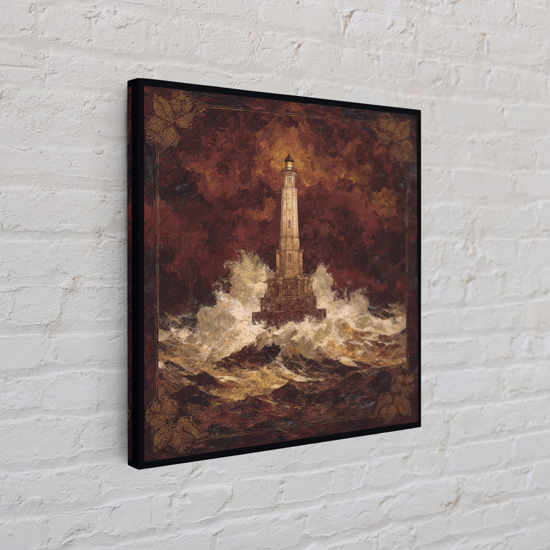 Lighthouse with Crashing Waves Framed Canvas Print, Traditional Art, Wall Art, Living Room Decor, Oil Painting, Classic, TRA-1x1-93