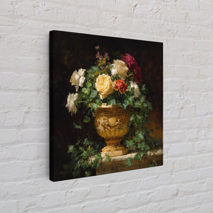 Garden Urn with Roses and Ivy Framed Canvas Print, Traditional Art, Decor, Living Room Decor, Fine Art, Classic, Japanese Art, TRA-1x1-96