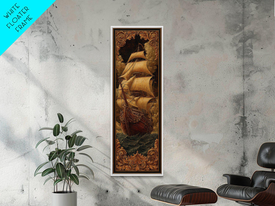 Ship at Sea Framed Canvas Print, Traditional Art, Fine Art Print, Living Room Decor, Fine Art, Classic, Wall Decor, Painting, TRA-1x3-50