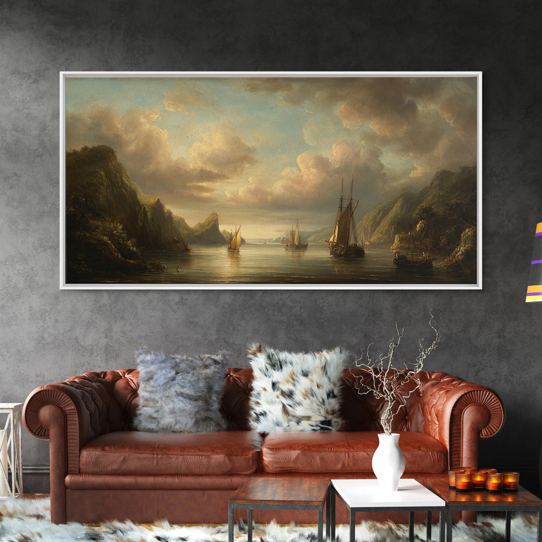 Seascape with Sailboats and Cloudy Sky Framed Canvas Print, Traditional Art, Digital Art, Living Room Decor, Fine Art, Classic, TRA-2x1-1